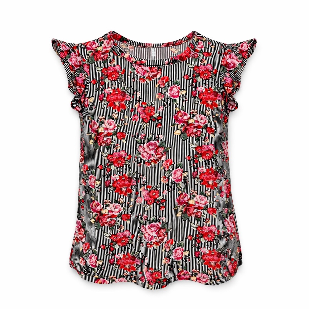 1st Kiss Girls Black & White Striped Ruffle Sleeve Rose Print Top Girls Size 7